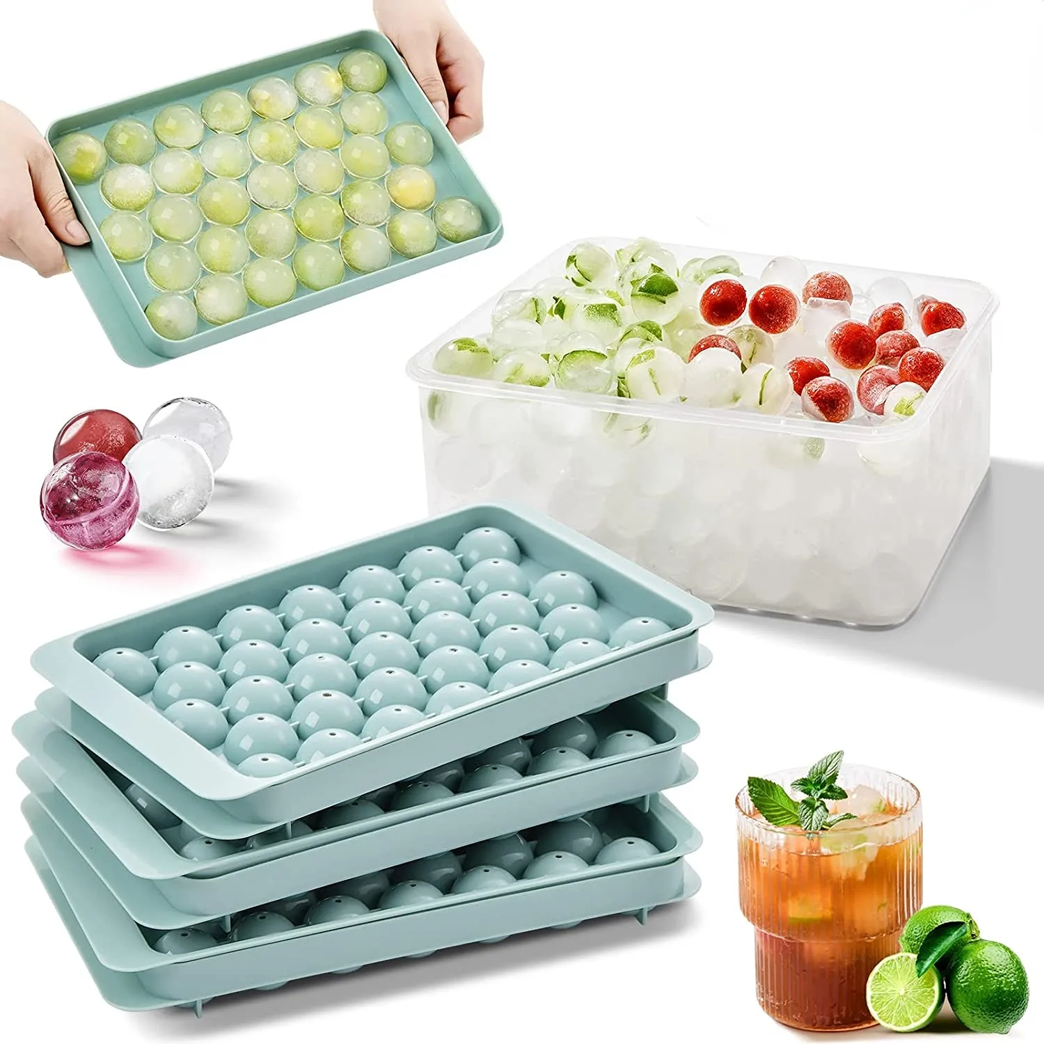 Ice Cube Trays for Freezer in Home, Two Trays with Lid and Storage Bin,  Press Ice Box Easy Release, Ice Container with Scoop for Cocktail Whisky
