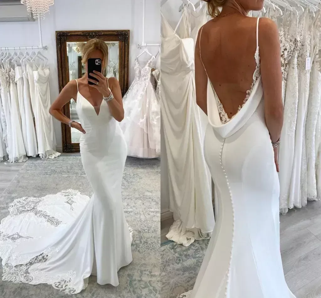 White Mermaid Spaghetti Straps Backless Wedding Dress With Button White Mermaid Spaghetti Straps Backless Wedding Dress With Button