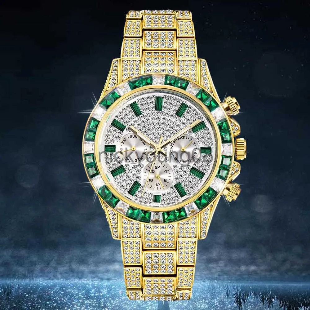 Wristwatches Chronograph 18K Plated Gold for Men Full Diamond Mens es Rap Hip Hop Iced Out Quartz Wrist Man Reloj Hombre xfcs 0703