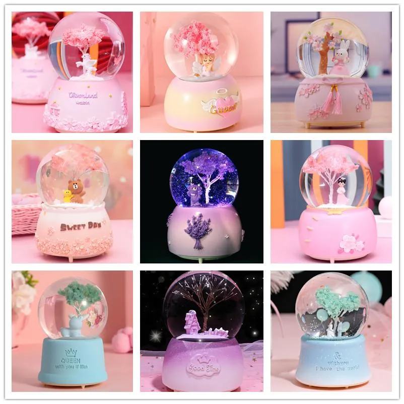 Number Crystal Ball Music Box Cherry Tree Unicorn Girls Birthady Gifts Glowing Snowflakes Music Box Home Decoration Desktop Ornament