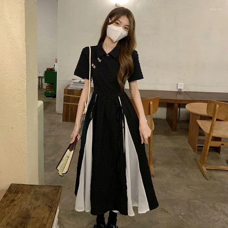 Etnische Kleding 2023 Chinese Stijl Jurk Balck Qipao Elegante Wit Zwart Patchwork Cheongsams Jeugd Meisje Vestidos Lange Jurken