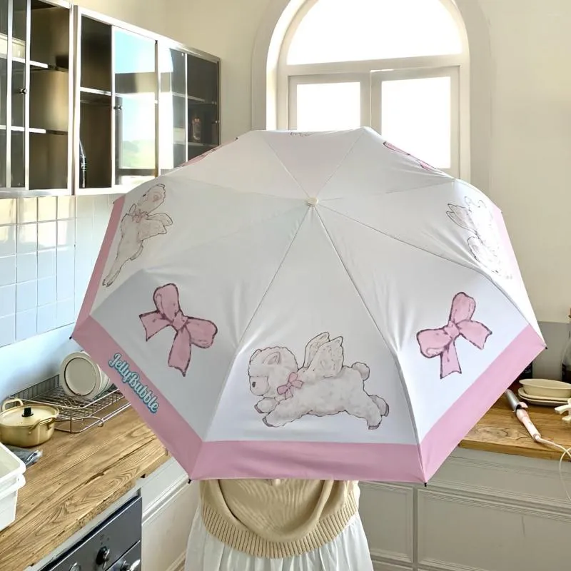 Umbrellas Women Cute Umbrella Cartoon Bow Folding Travel Black Coating Sunscreen Girls Kids Paraguas