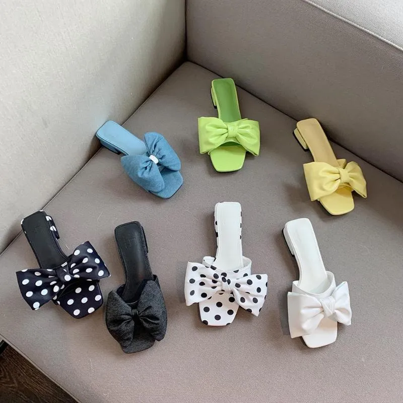 Slippers Open Toe Women Bow Design Flat Low Heels Blue Green Yellow Black White Summer Dress Shoes Woman Fashion Sandals Size 39