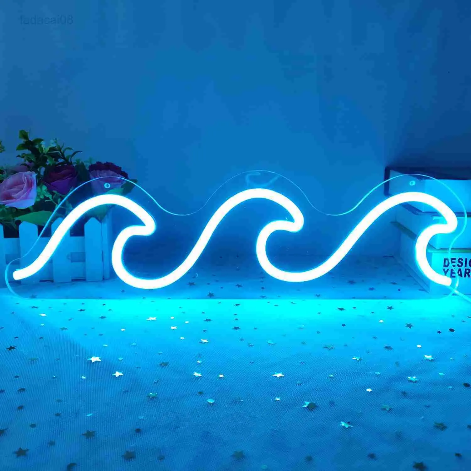 Night Lights Sign USB Powered Bedroom Ice Blue Dimmable Light Art Wave Neon Signs for Wall Decor HKD230704