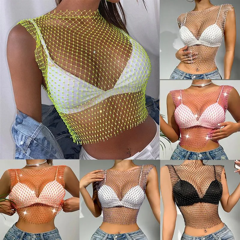 Damtankar 2023 Sexiga Mesh Crop Tops För Dam Sommar Rhinestones Modefest Se Through Fishnet Tank Hollow Out Backless Top Väst