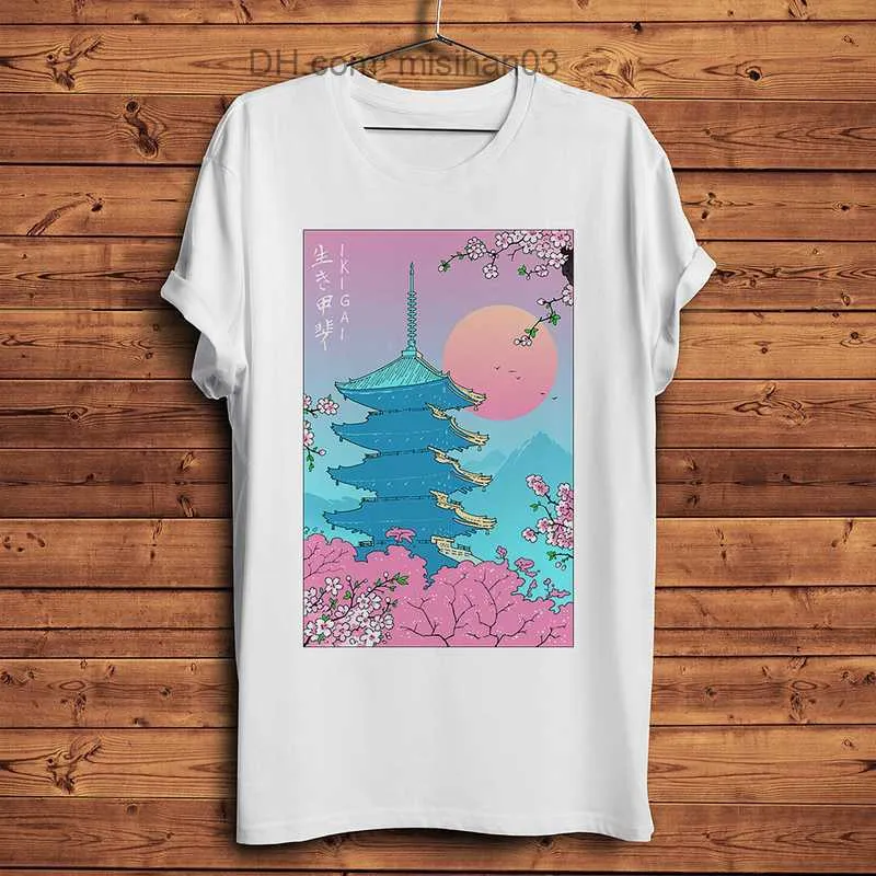 Мужские футболки Ikigai в Киото Фудзияма Сакура смешной Япония Ukiyoe Tshirt Men White Casual с коротким рубашкой Homme Unisex Streetwear Tee Z230704