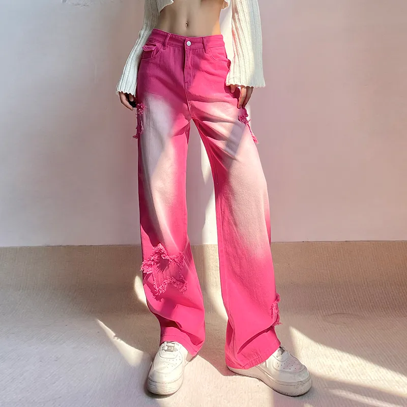 Korean Style Tie Dye Pink Loose Fit Jeans Women With Star Patch Designs And  Wide Leg For Women Casual And Cute Denim Pants From Earthcn, $40.21