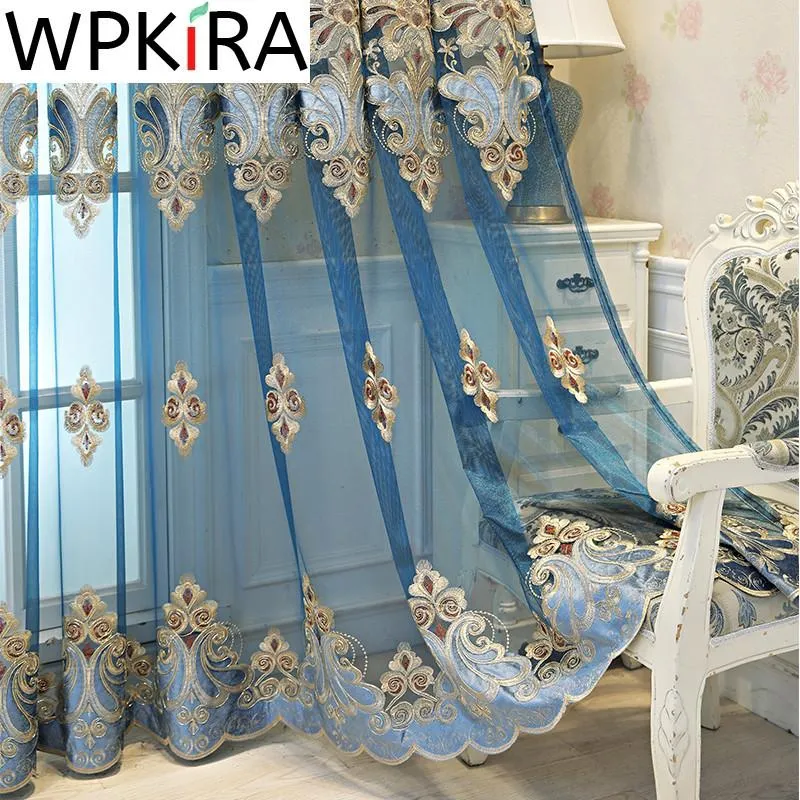 Curtains Window Blinds Embroidery Tulle Curtains for Living Room Europe Luxurious Blue Window Screen High End Kitchen Drape Panel Ad511h