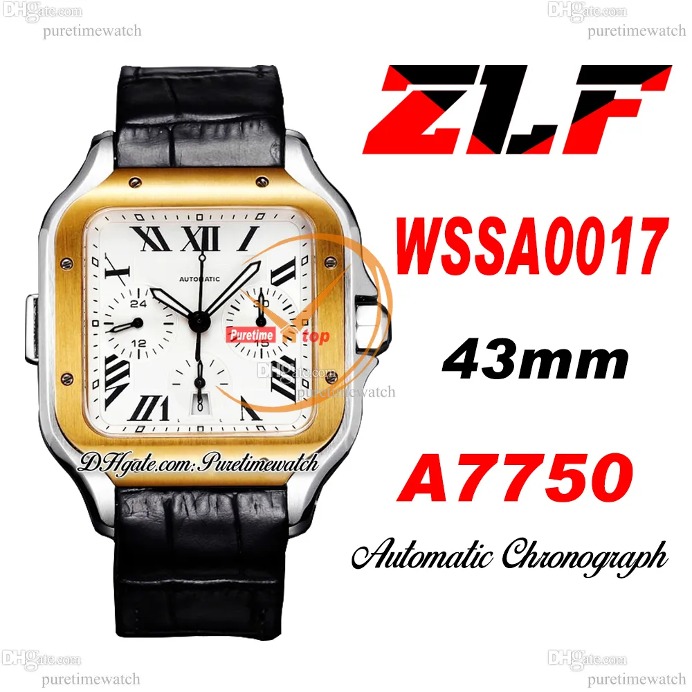 ZLF XL WSSA0017 ETA A7750 Chronographe Automatique Montre Homme Deux Tons Or Jaune Blanc Cadran Romain Bracelet Cuir Noir Super Version Reloj Hombre Edition Puretime A01E
