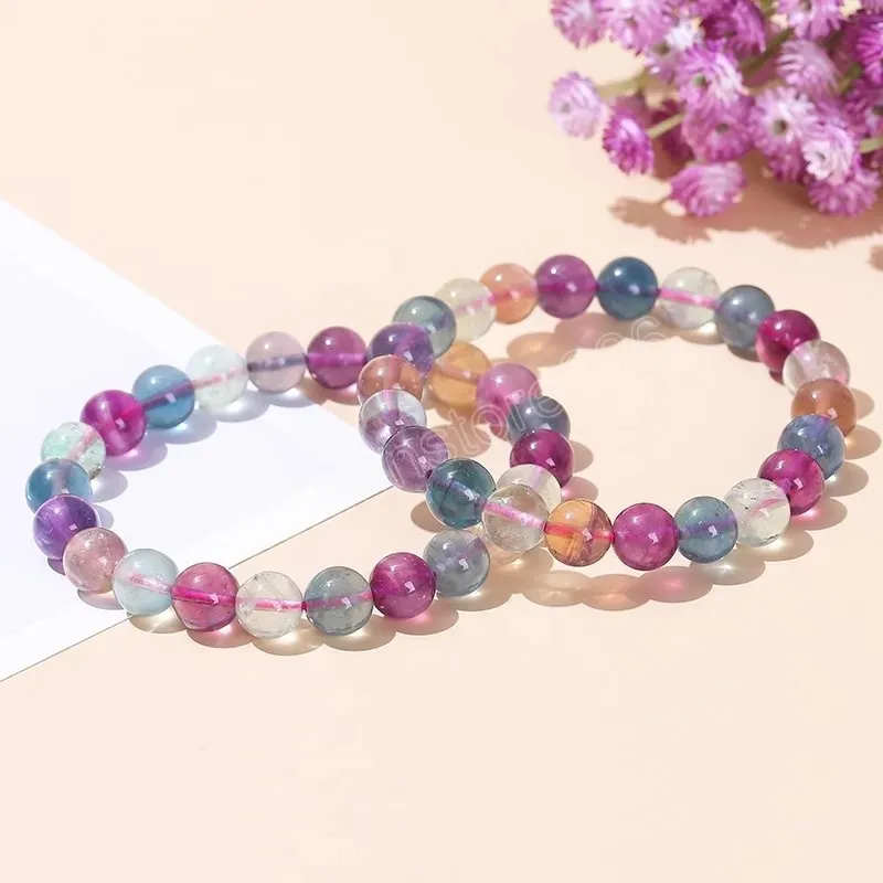 Natural Rainbow Fluorite Round Bead Bracelets Women Fashion Reiki Healing Crystal Energy Stretch Bangles For Yoga Jewelry