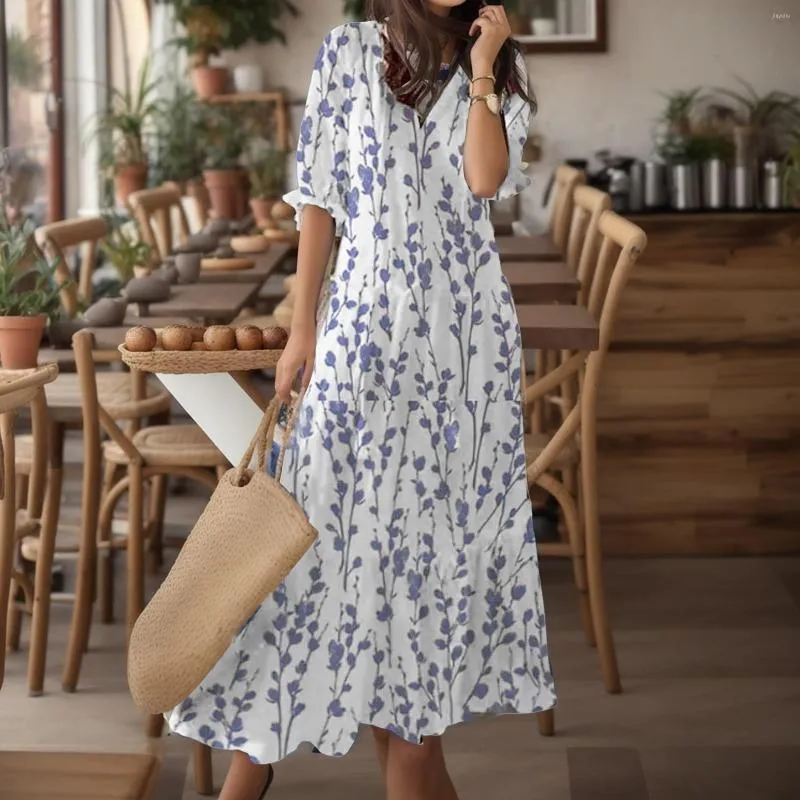 Fritidsklänningar Kvinnor Bohemian Beach Maxiklänning Vår Sommar V-ringad Strandkläder Kvinna Vintage Blommönster Långa Vestidos