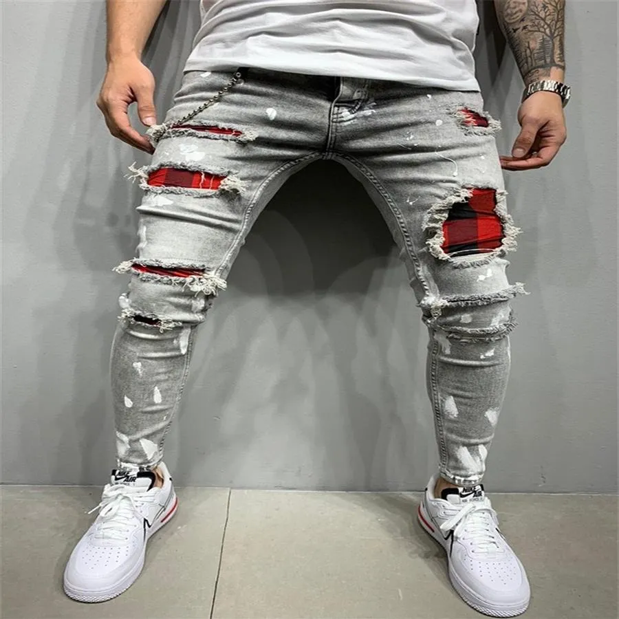 Nouveaux hommes jeans slimfit pantalons déchirés nouveaux jeans peints pour hommes patch à carreaux mendiant pantalon jumbo casual jeans pour hommes s3xl321l