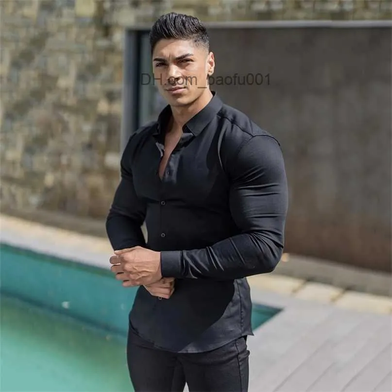 Camisas casuais masculinas moda casual manga longa sólido super fino ajuste masculino camisa de negócios sociais marca homens roupas esportivas fitness z230705