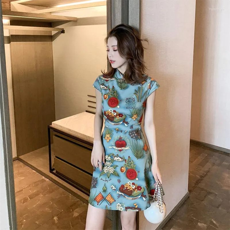 Ethnic Clothing Chinese Style Women Print Flower Qipao Sexy Mini Party Dress Oriental Young Girls Daily Cheongsam Vestidos Elegant A-Line Qi