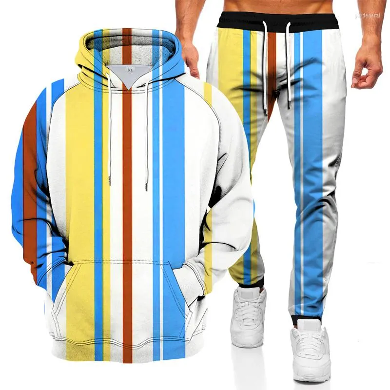 Tute da uomo 2023 Maglione Abbigliamento sportivo Completo Autunno A righe Felpe stampate in 3D Casual Set da 2 pezzi Pantaloni sportivi Tute con cappuccio