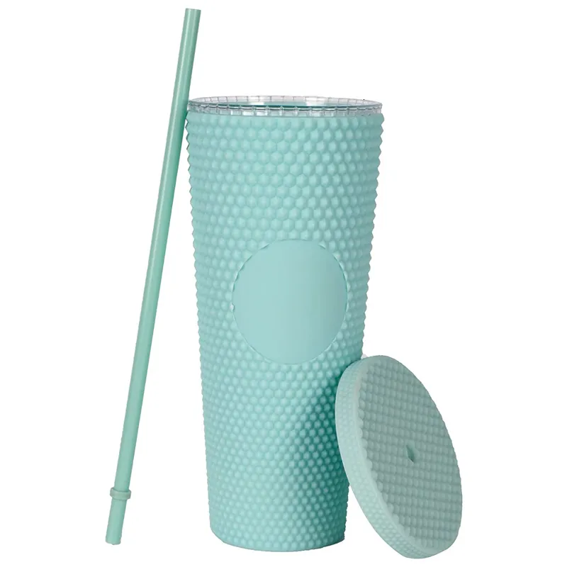 Gobelets Gobelet mat clouté de 24 oz avec couvercle et gobelet en plastique à paille Bling Tasse à venti texturée réutilisable isolée à double paroi 230703