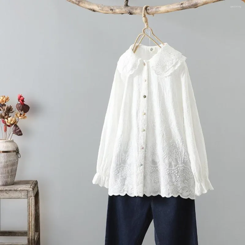 Women's Blouses Mori Girl Sweet Lace Doll Collar Embroidered White Shirt Female In Long Sleeve Button Women Tops Camisas De Mujer