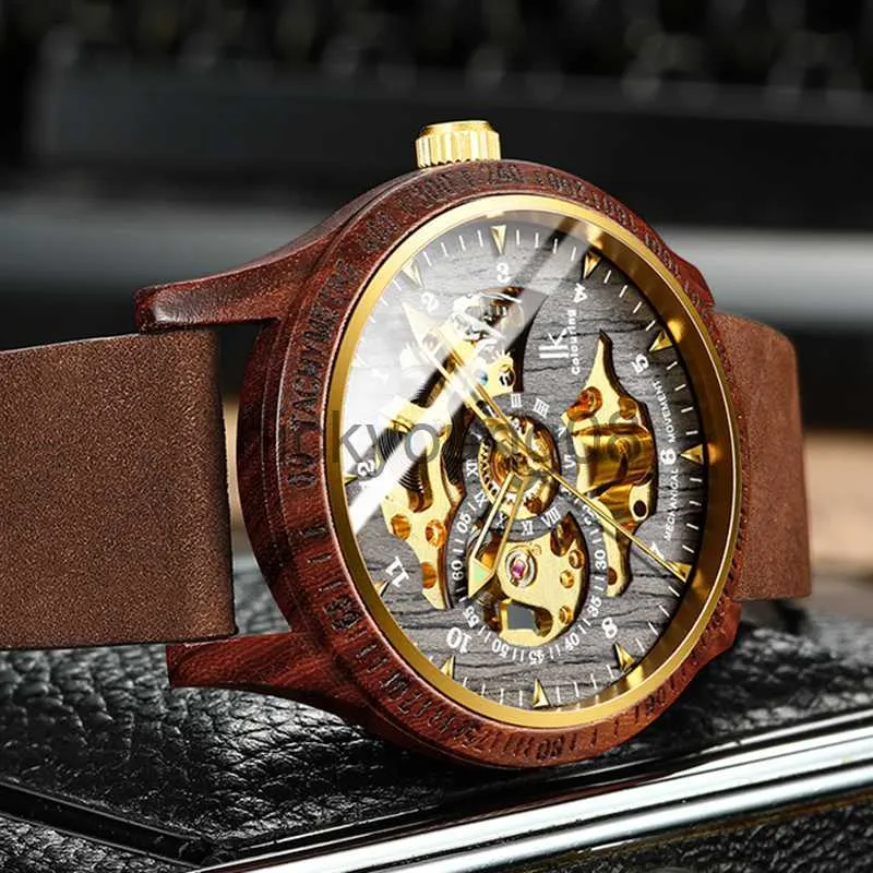 Horloges IK Coloring Heren Hout Luxe Gouden Skelet Mechanische Houten Kast Leren Band Automatische Mannelijke Pols Dropshipping 0703