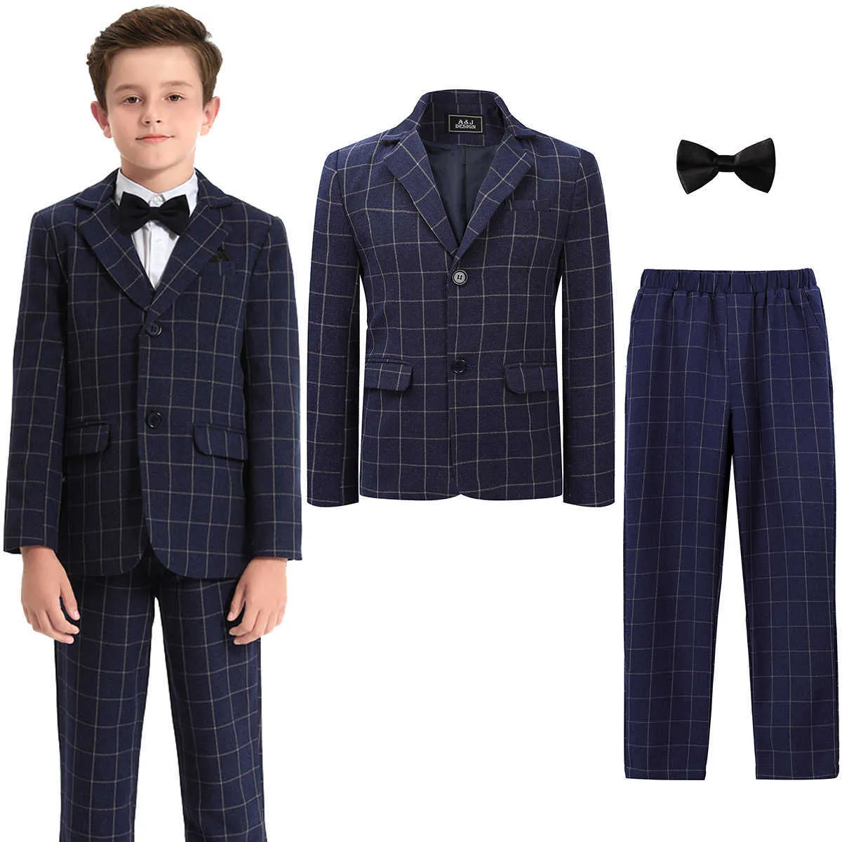 Anzüge Anzug für Kinder Jungen Hochzeit Plaid Teenager Formelle Ostern Smoking Fliege Kinder Blazer Blumenparty Performance Kostüm 3PCSHKD230704