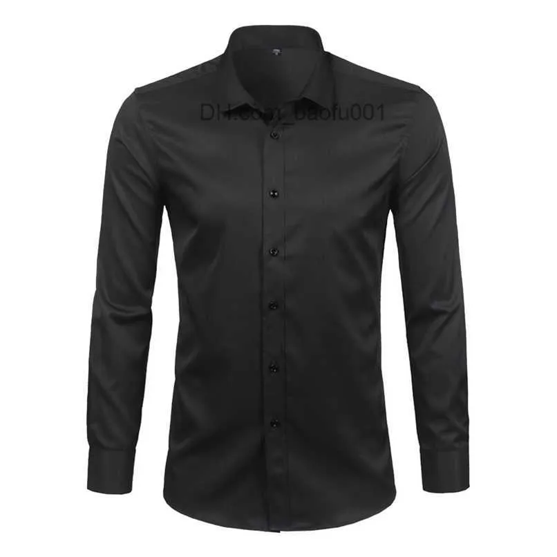 Men's Casual Shirts Black Mens Bamboo Fiber Shirts Brand Casual Slim Fit Long Sleeve Dress Non Iron Solid Chemise Homme 4XL Z230707