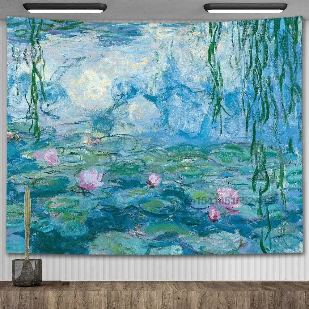 Tapestries Water Lily Oil Painting Tapestry Wall Hanging Aesthetic Room Decor Artwork Landscape Tapestry Bedroom Decoration