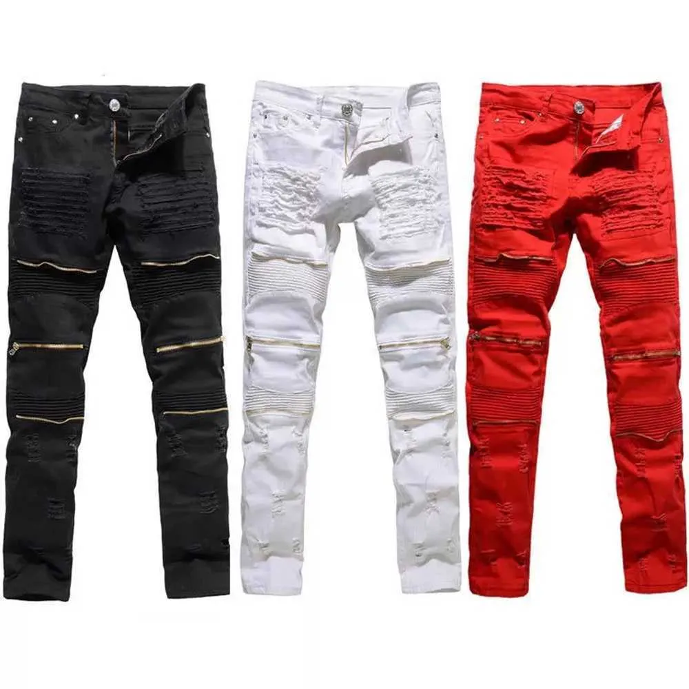 Trendy Mens Destroyed Ripped Jeans Black White Red Fashion College Boys Skinny Runway Straight Zipper Denim Pants