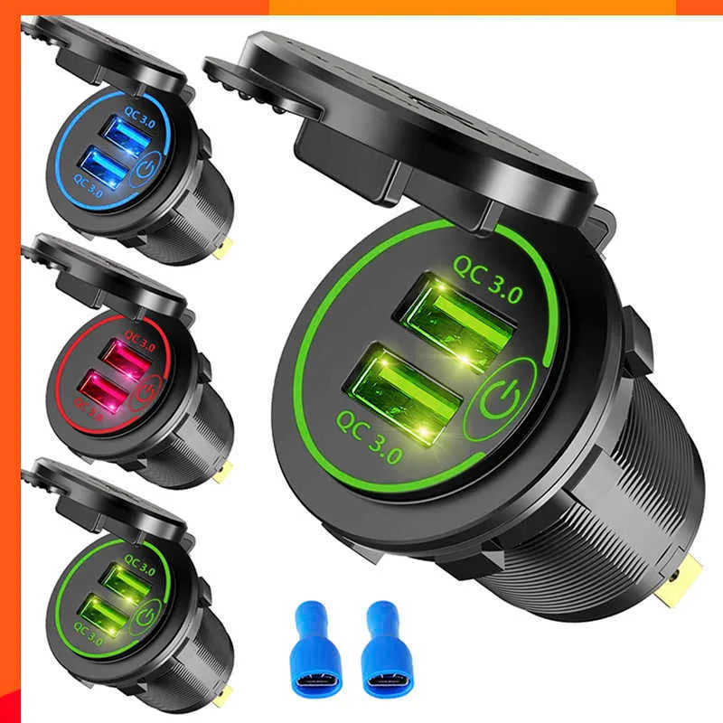 Atualizar carga rápida 3.0 dupla usb rápido carregador de carro soquete acessórios à prova dwaterproof água 12v/24v qc3.0 tomada de energia com interruptor toque luz led