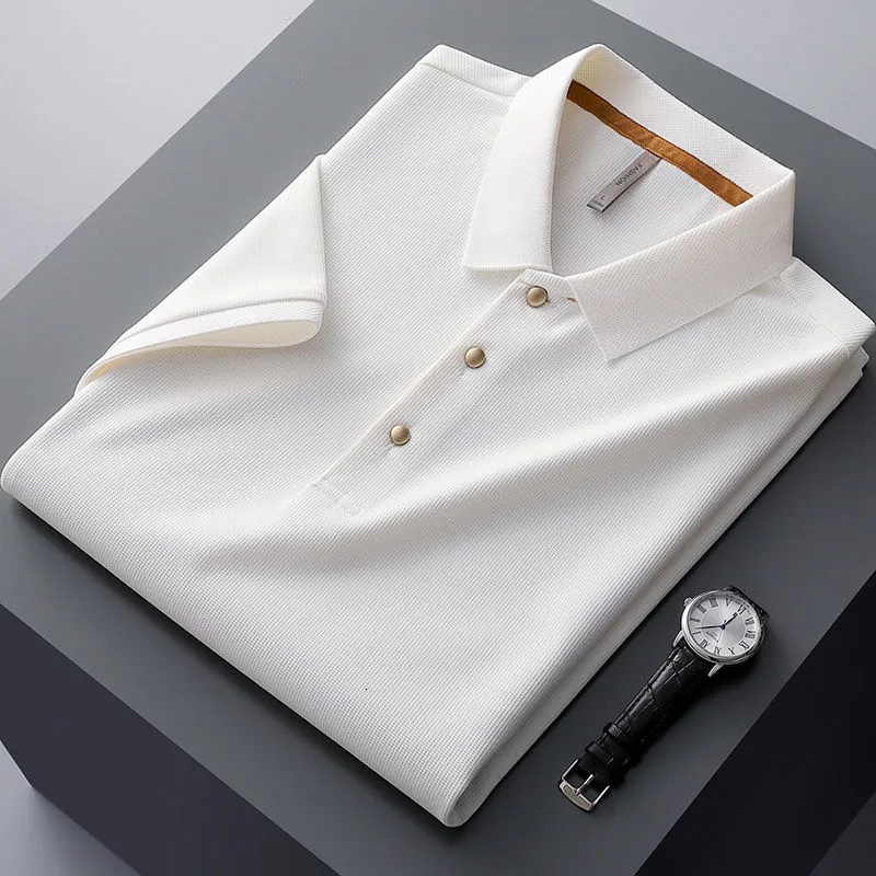 Pikétröja för män Lätt lyxig våffla för män sommar, kortärmad High-end Lapel Vit T-shirt basebolltröja Slim Fit Koreansk Orange 230703