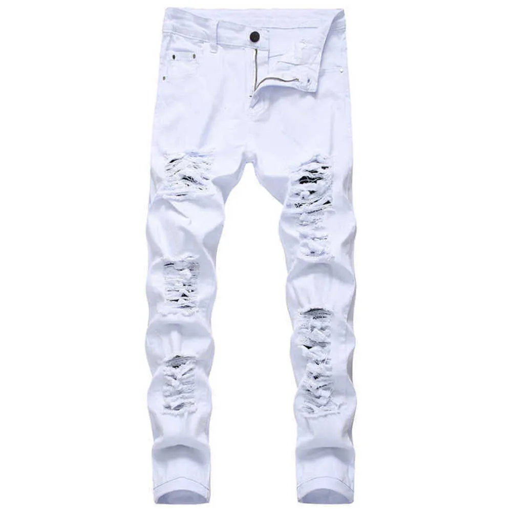 Men Ripped Jeans White Red Black Stretch Slim Fit Spring Autumn Denim Pants Distressed Hip Hop Streetwear Biker X0621d66e