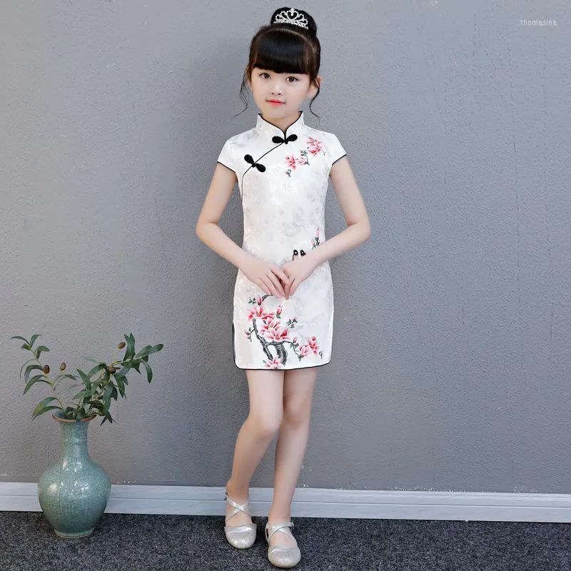 Etnische Kleding Mooie Chinese Kind Meisje Witte Bloemenprint Cheongsam Jurk Meisjes Qipao Katoen Jaar Cadeau Feestavondkleding