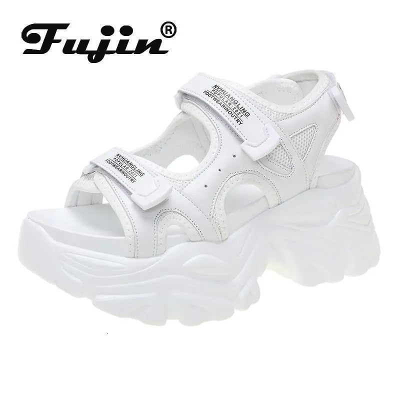 Platform Fujin Leather 8cm Sandalen Wedge Heel voor vrouwen Zomer Casual Hook Loop Slides Beach Slippers dikke schoenen 23070 1B31