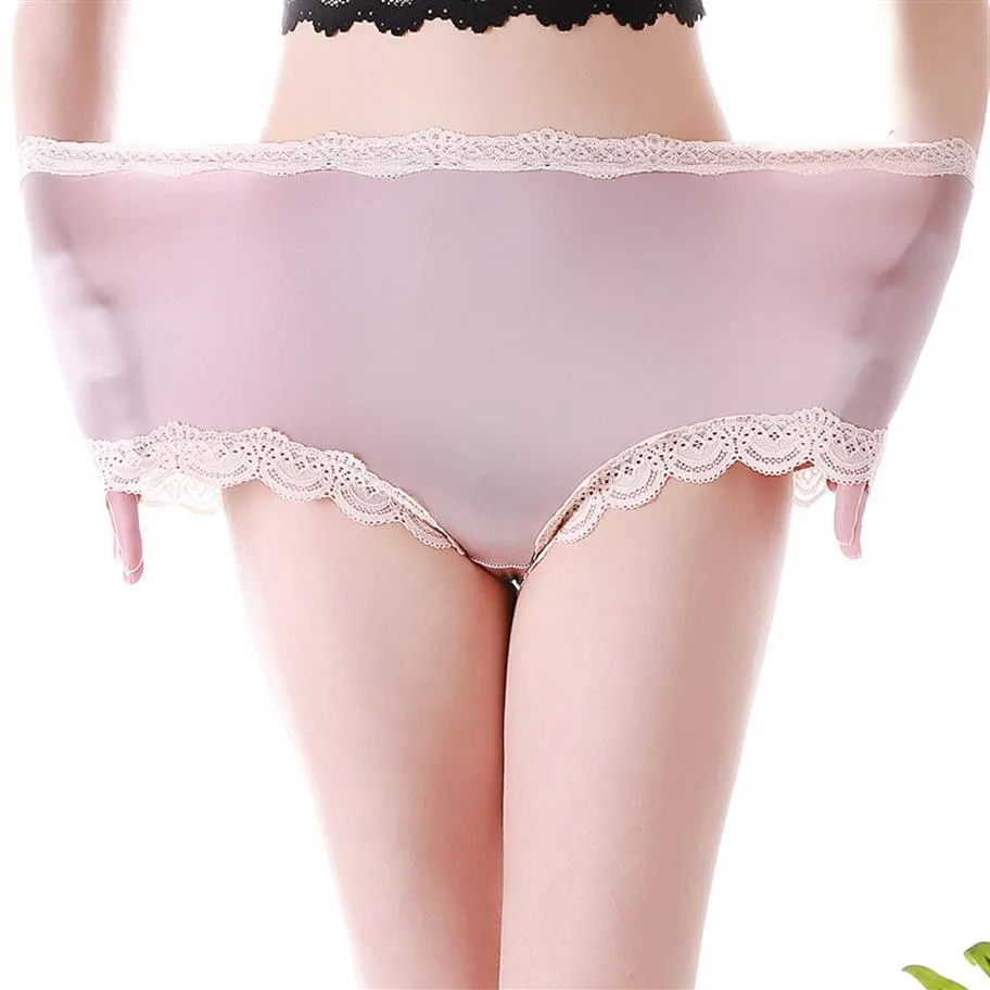 High Waist Large Size Panties Sexy Seamless Satin Silk Briefs Underwear Lace Trim Soft Stretchy Lingerie Women Panties Pink 5xl251I