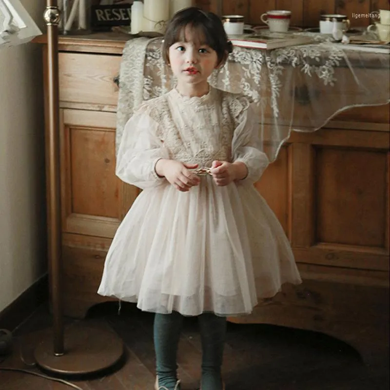 Girl Dresses Children Clothes Spring Autumn 2023 Korean Girls Dress French Lantern Sleeve For Princess Lace Sweet