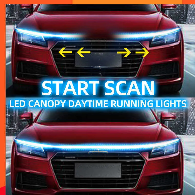 アップグレードRXZ LEDデイタイムランニングライトスキャンスターティングカーフード装飾ライトDRLオートエンジンフードガイド装飾周囲ランプ12V