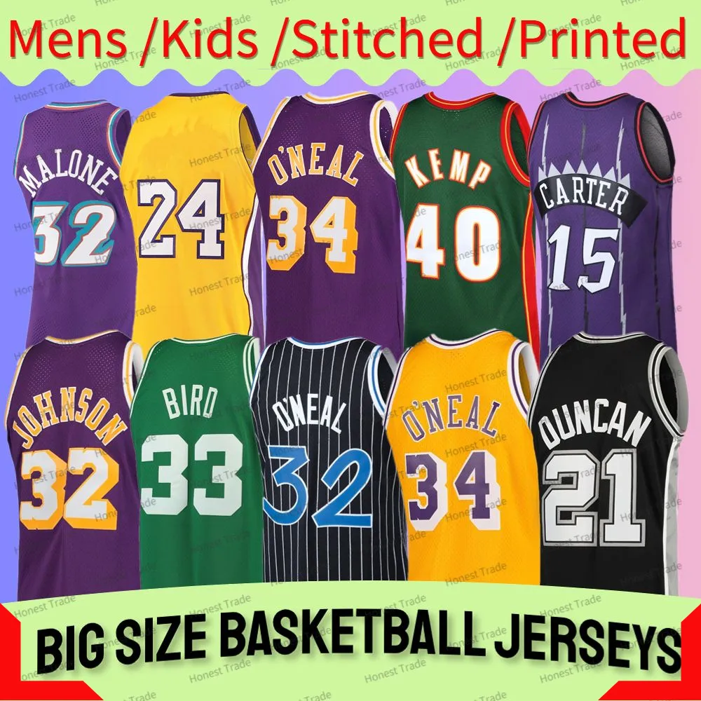 Maglia da basket personalizzata di grandi dimensioni 4XL 3XL Taglia per bambini 33 Kareem Abdul Jabbar Shawn Kemp SHAQ 33 Larry Bird Vince Carter Johnson 33 Patrick Ewing Youth Mens