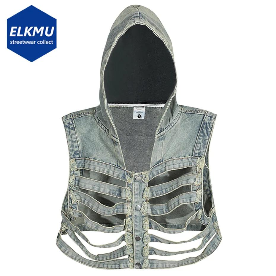 Herrenwesten Skeleton Hooded Denim Weste Männer Techwear Darkwear Blau Schwarz Jeans Streetwear Harajuku Hip Hop Y2K Tops 230703