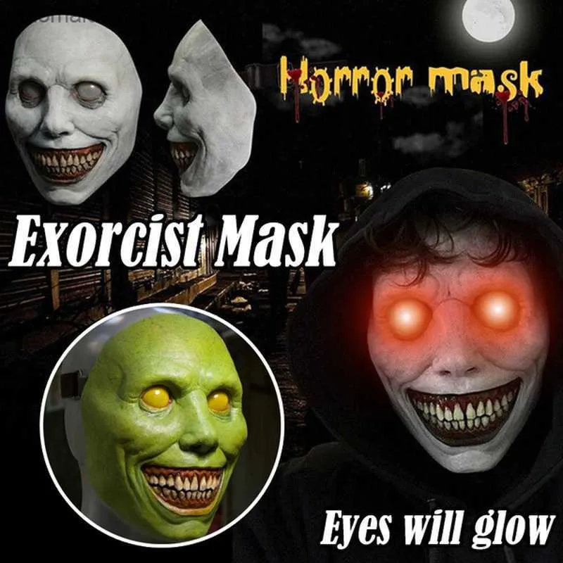 Halloween démon sourire masque masque d'horreur blanc démon aux yeux verts visage effrayant cosplay exorciste boucher masque effrayant masque d'horreur effrayant L230704