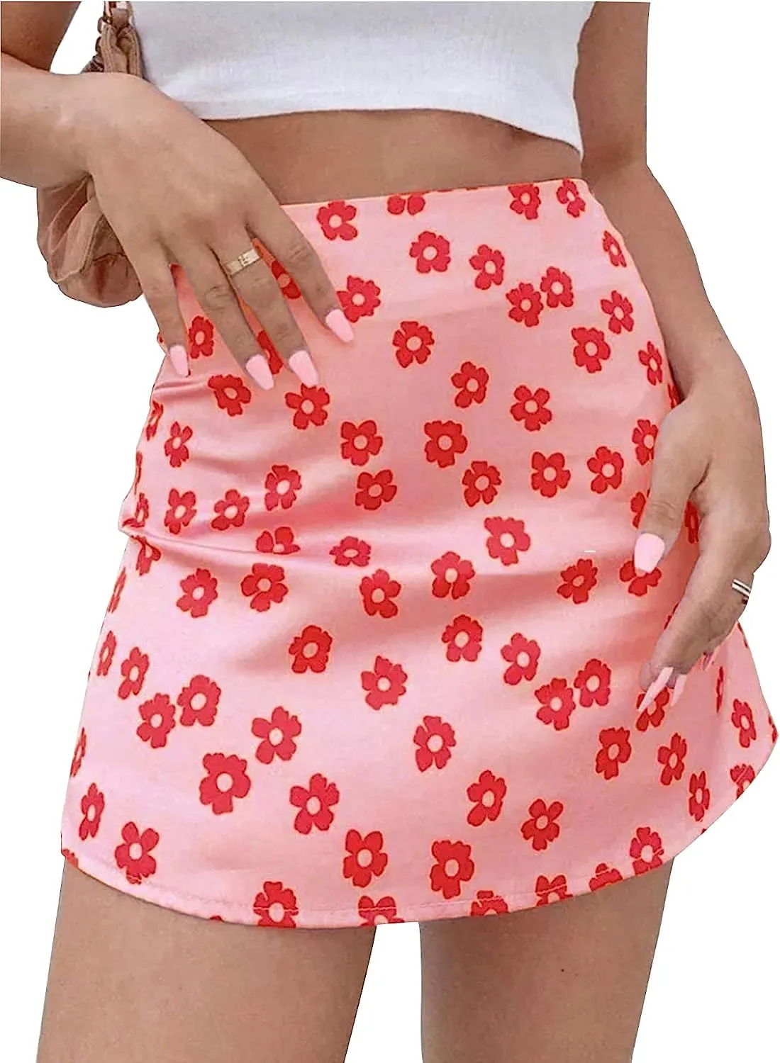 Minifalda corta con cremallera y cintura alta de seda satinada con estampado Floral informal para mujer nueva a la moda