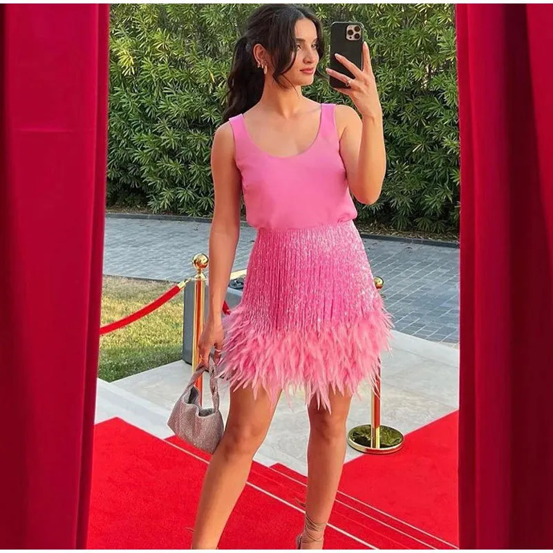 Sequins Red Two Piece Skirt Set Y2K Sequin Feather Two Piece Set