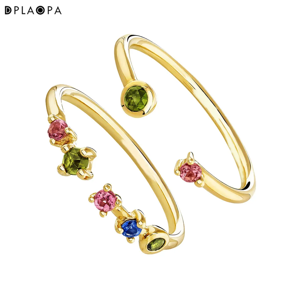 DPLAOPA 925 Sterling Silver Gold Coated Silver You And Me Tourmaline Ring Gold Coated Silver Sapphire Rainbow CZ Zircon Crystal