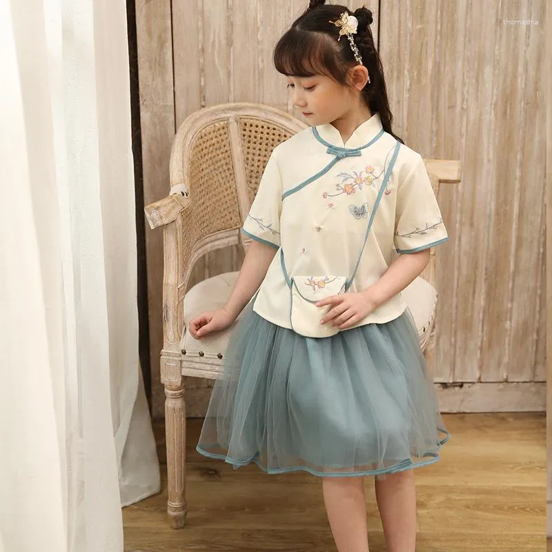 Etniska kläder Hanfu Flick Sommarklänning Kinesisk stil Kostym 2023 Barn Tang kostym Liten söt Vestido Chino Grön