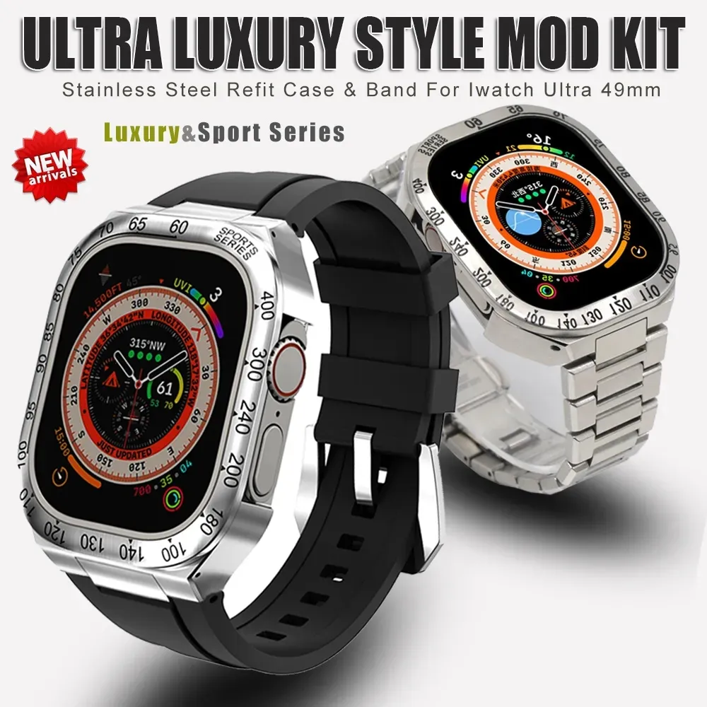 2 em 1 Refit Mod Kit Caixa de Metal para Apple Watch Band Ultra 49mm Modificação Pulseira de Aço Inoxidável Iwatch Series 8 Sport correas