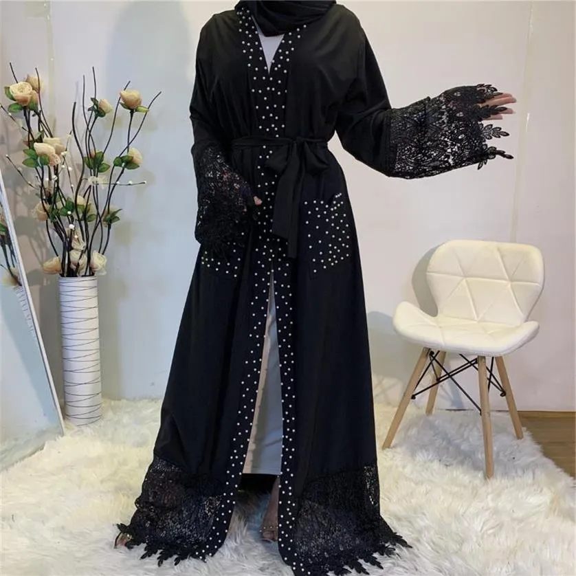 Vêtements ethniques 2021 Nida Haute Qualité Jolie Dentelle Abaya De Luxe Perles Blanches Diamant Ouvert Dubaï Émirats Arabes Unis Modeste Noir Abayas Avec Pocke224n