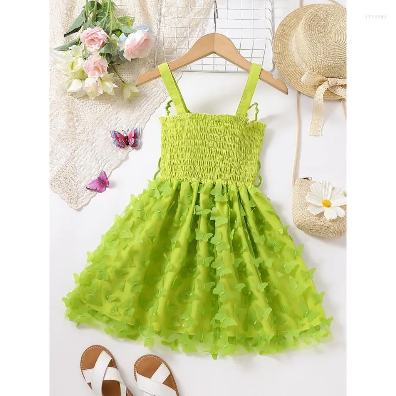 Abiti da ragazza 2023 Summer Girls 'Fashion Bretella Dress Butterfly Net Yarn Princess Vacation Beach Abbigliamento per bambini