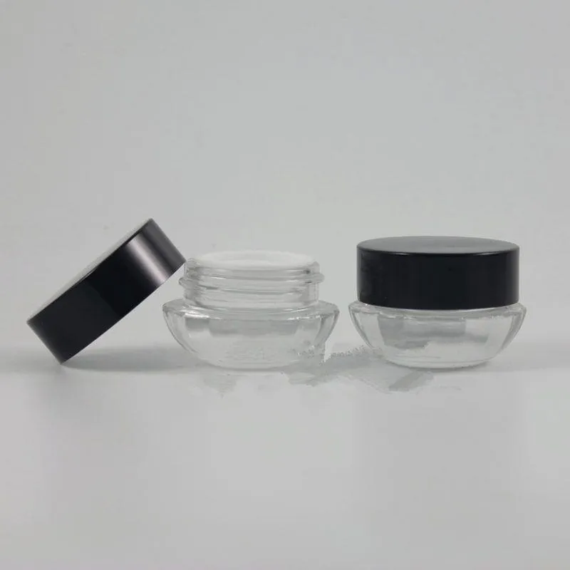 Vuoto 5g Glass Cream Jar Small Women 5ml Contenitore cosmetico Mini coperchio nero Bottiglia riutilizzabile spedizione veloce F673 Aikkg