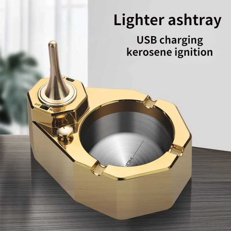 HONEST New Kerosene Rechargeable Hybrid Lighter Ashtray Kerosene Ignition Creative Ashtray Desktop Decoration Ashtray Men's Gift DUSANo Gas