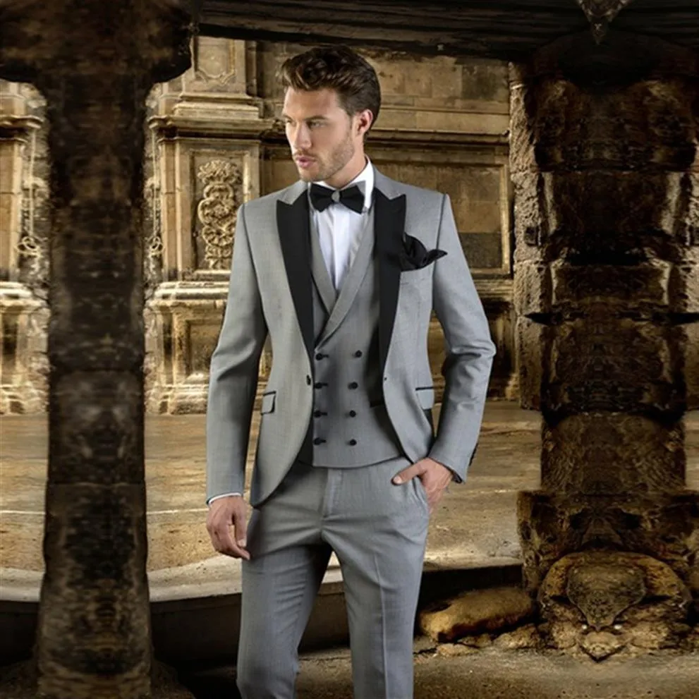 2019 Grey With black Laple Men Suit Slim Fit Prom Wedding Tuxedo Jacket Pants Vest Modern Blazer Wedding Groom Suits Regular340S