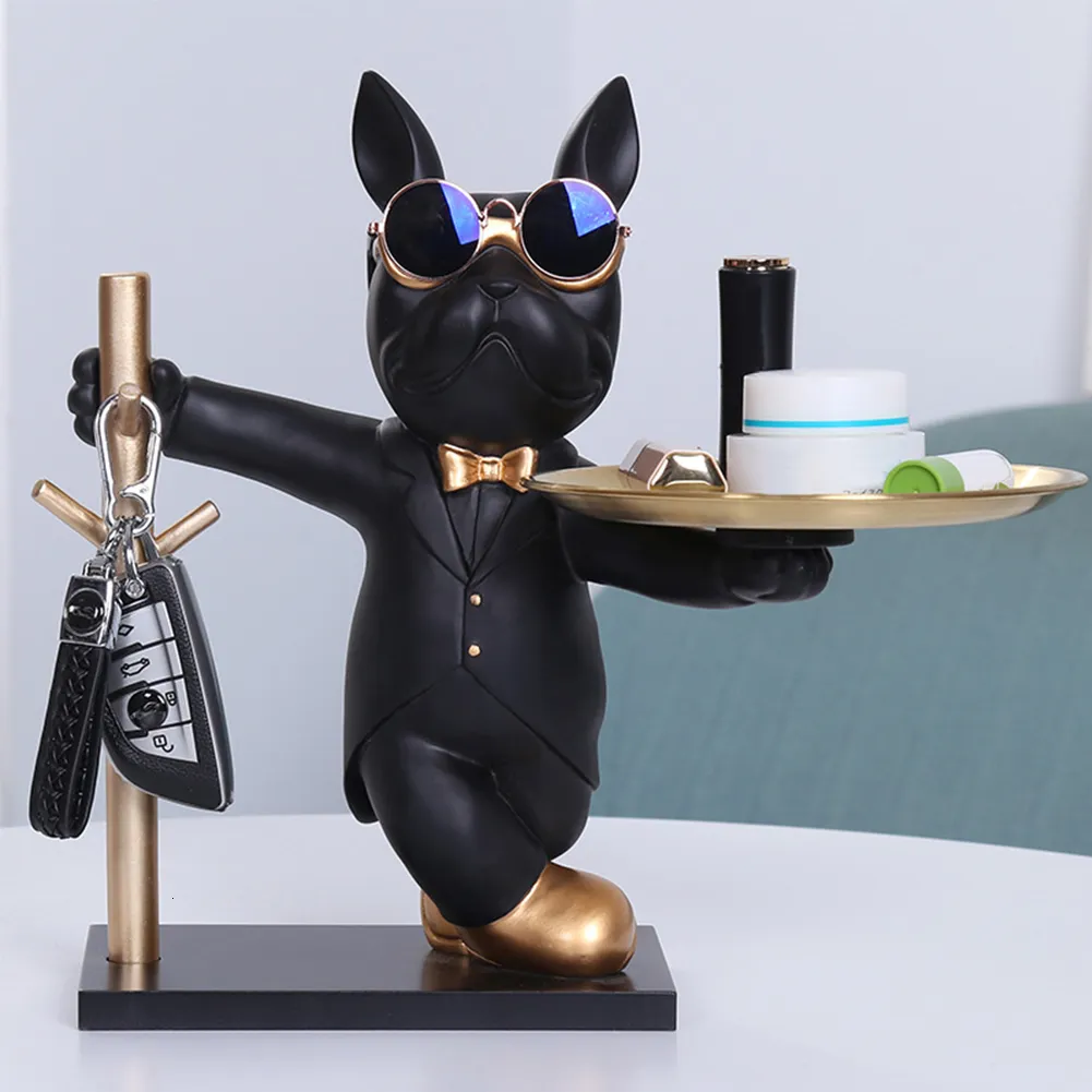 Decorative Objects Figurines French Bulldog Sculpture Dog Statue Decorative Figurine Storage Metal Tray Coin Piggy Bank Entrance Key Snack Holder 230703