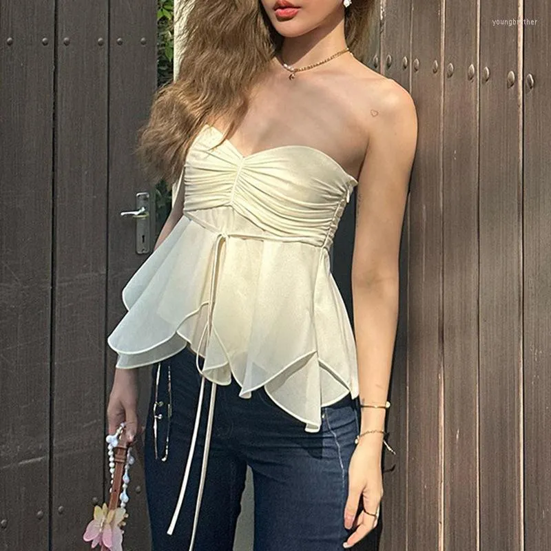 Vrouwen Tanks Plooien Strapless Tube Top Sexy Asymmetrische Ruches A-lijn Camis Vrouwen Leuke Lace-up Slanke Corset Koreaanse mode Vakantie Tops