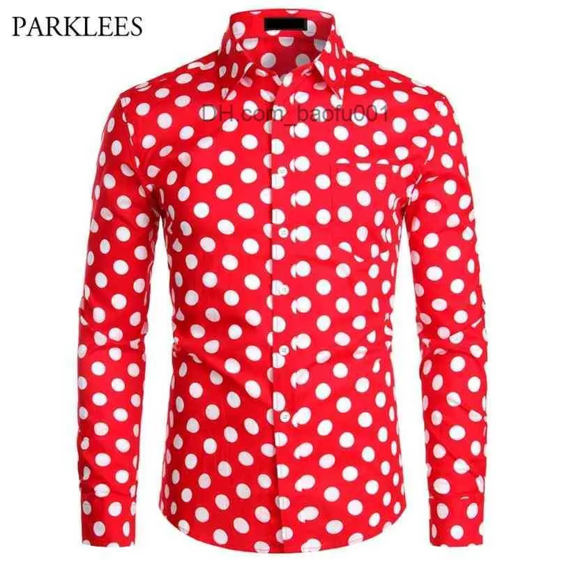 Men's Casual Shirts Red Mens Polka Dot Shirt Casual Button Up Dress Shirts Men Chemise Homme Party Club Male Garden Point Camisas Masculina 230706